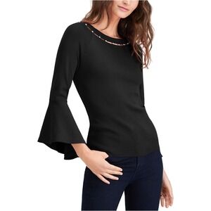 INC Bell Sleeve Top‎ Cutout Neckline Silver Studs Black Blouse Size S